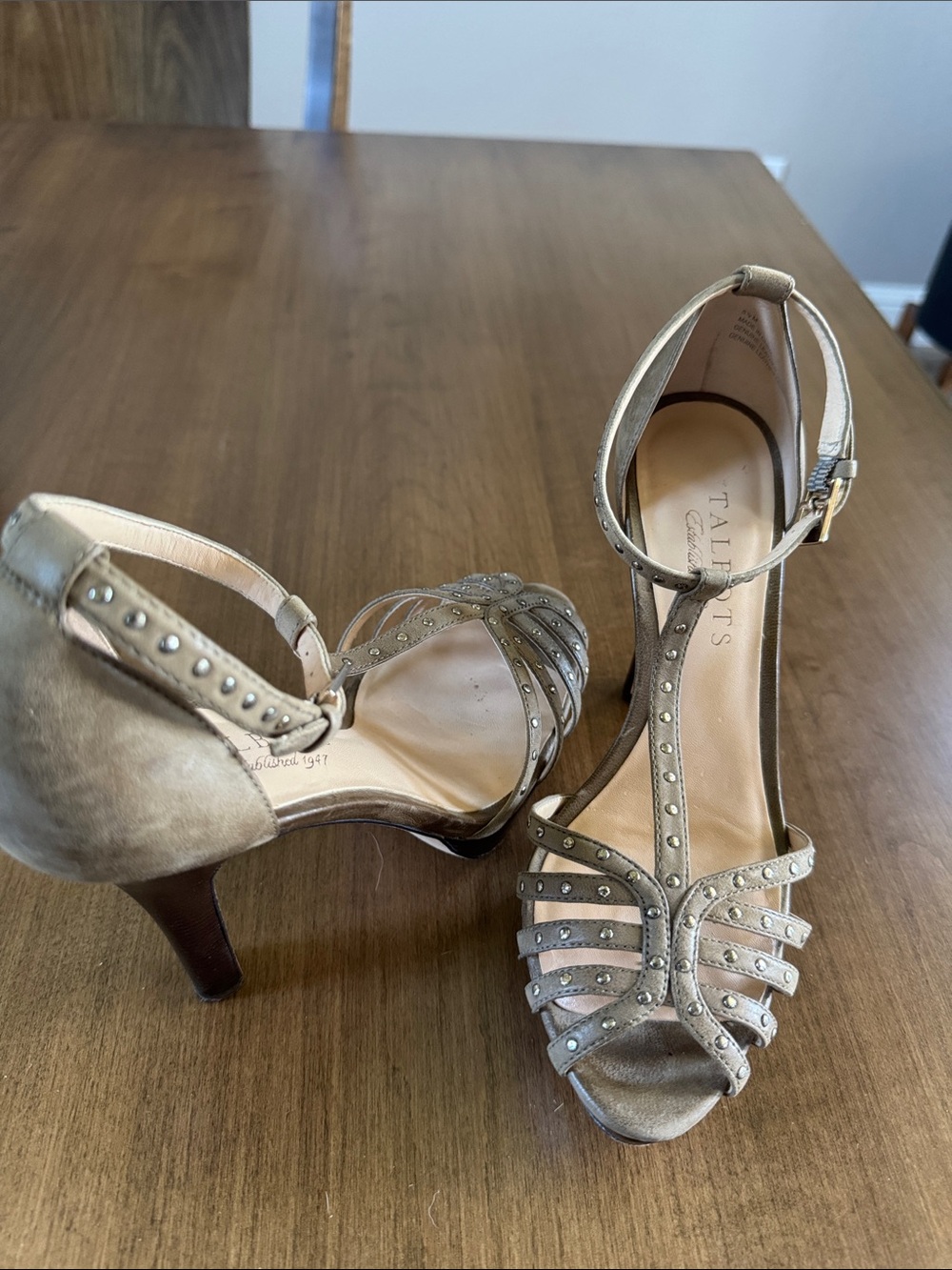 Metallic Studded T-Strap Sandal Heels